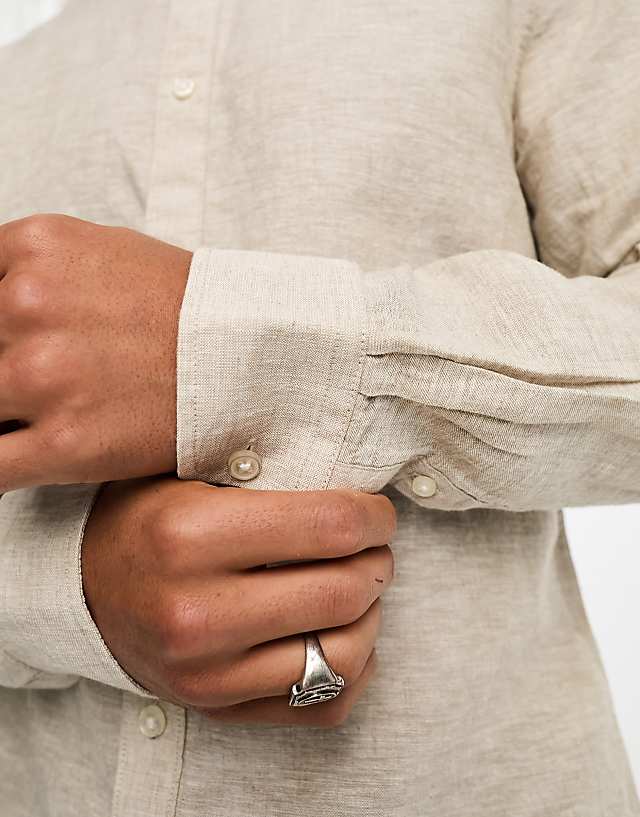 Asos ONLY & SONS Linen Mix Grandad Collar Shirt In Beige
