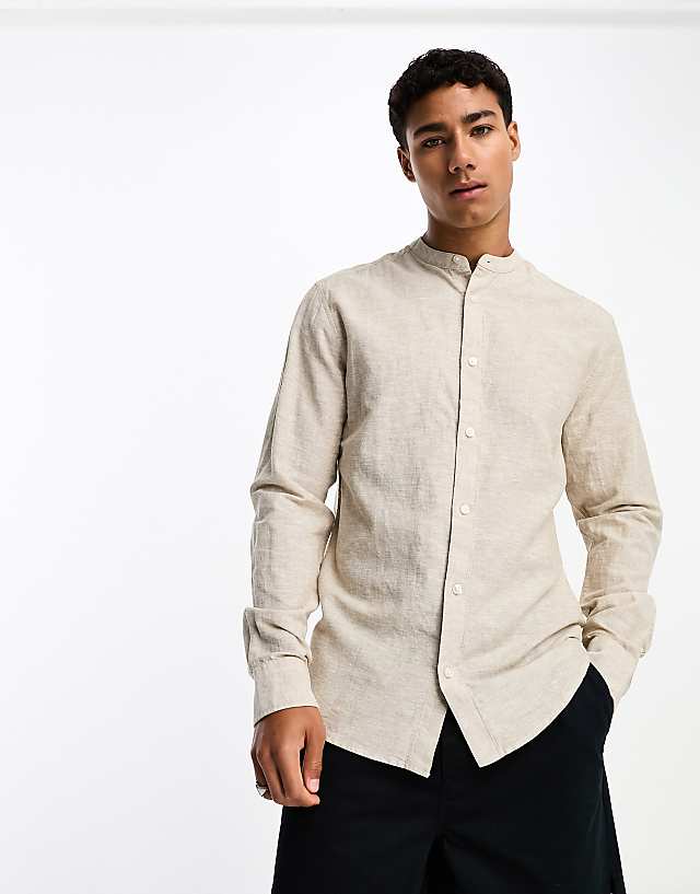 asos ONLY & SONS linen mix grandad collar shirt in beige