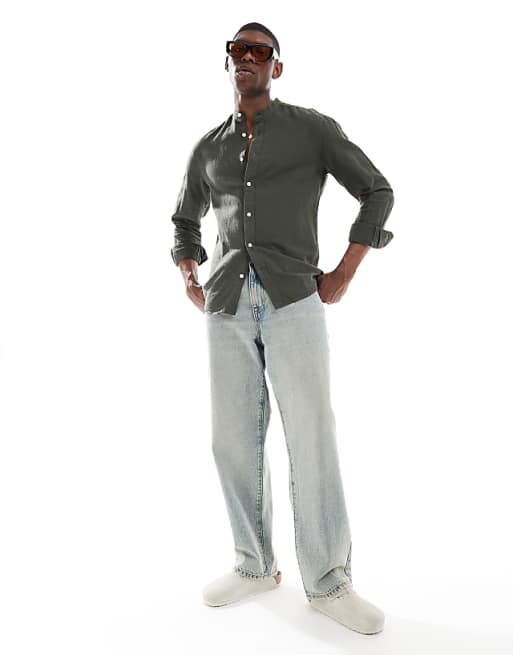 Asos ONLY & SONS Linen Mix Grandad Collar Shirt In Khaki