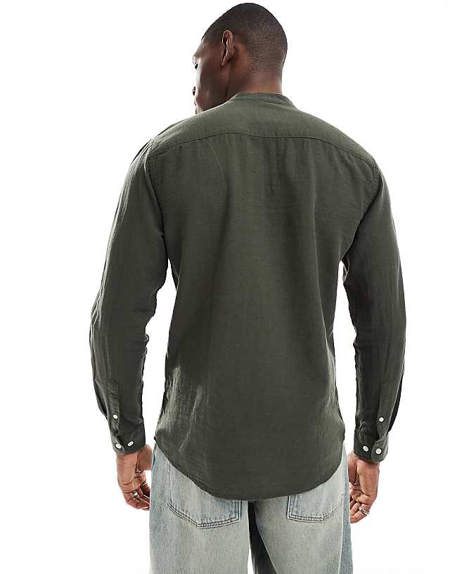 Asos ONLY & SONS Linen Mix Grandad Collar Shirt In Khaki