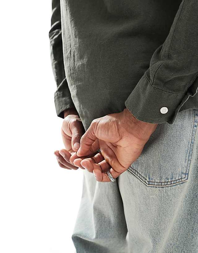 Asos ONLY & SONS Linen Mix Grandad Collar Shirt In Khaki