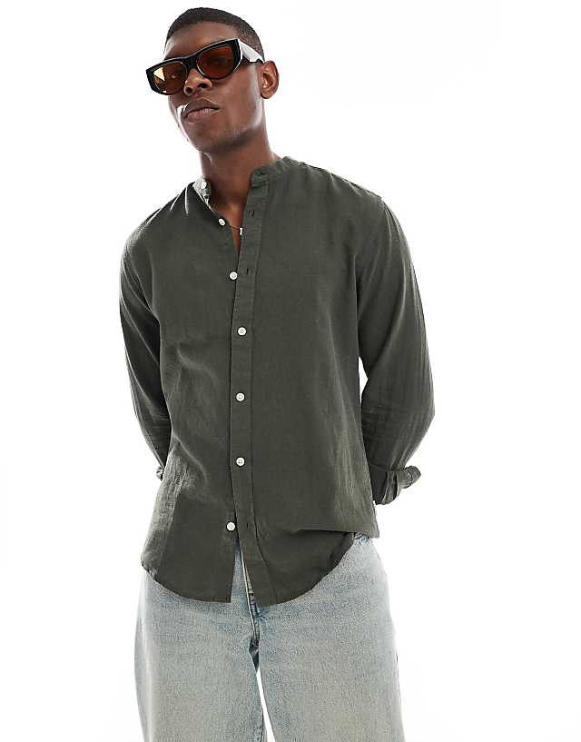 asos ONLY & SONS linen mix grandad collar shirt in khaki