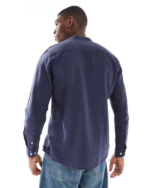 Asos ONLY & SONS Linen Mix Grandad Collar Shirt In Navy