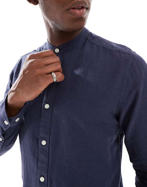 Asos ONLY & SONS Linen Mix Grandad Collar Shirt In Navy