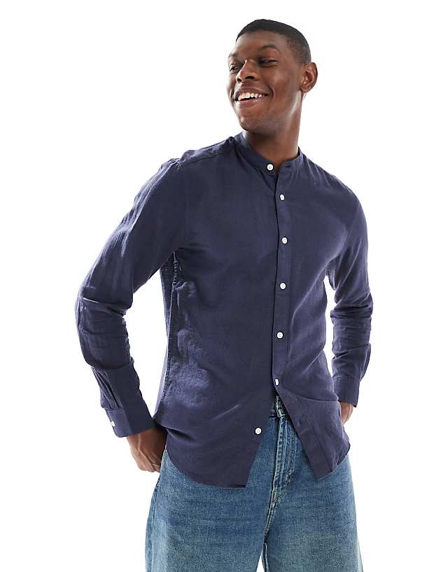 asos ONLY & SONS linen mix grandad collar shirt in navy