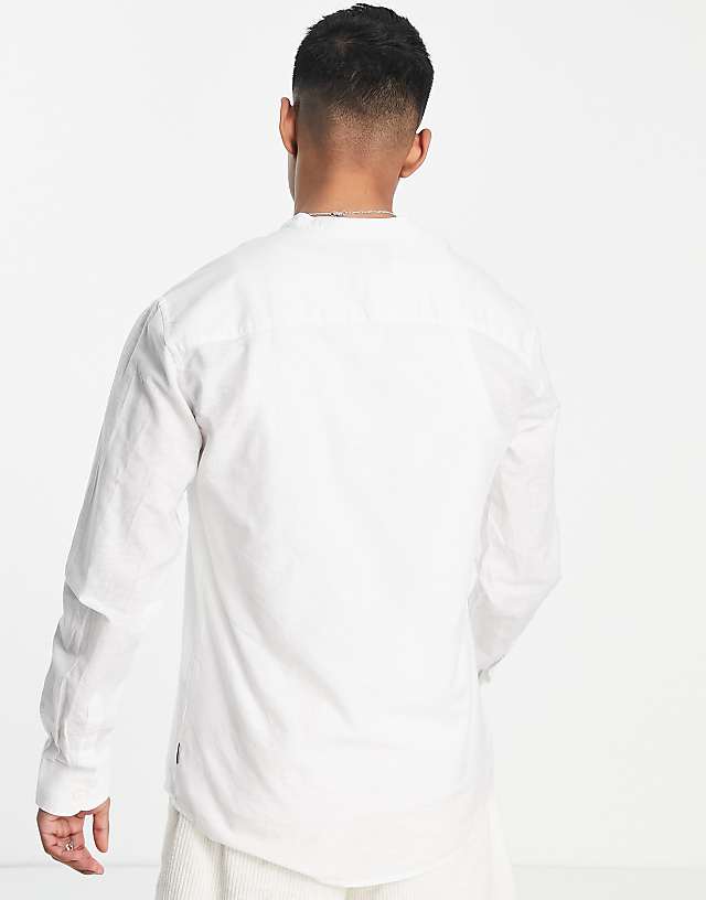 Asos ONLY & SONS Linen Mix Grandad Collar Shirt In White