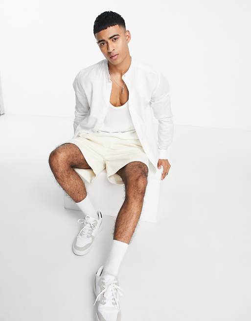Asos ONLY & SONS Linen Mix Grandad Collar Shirt In White