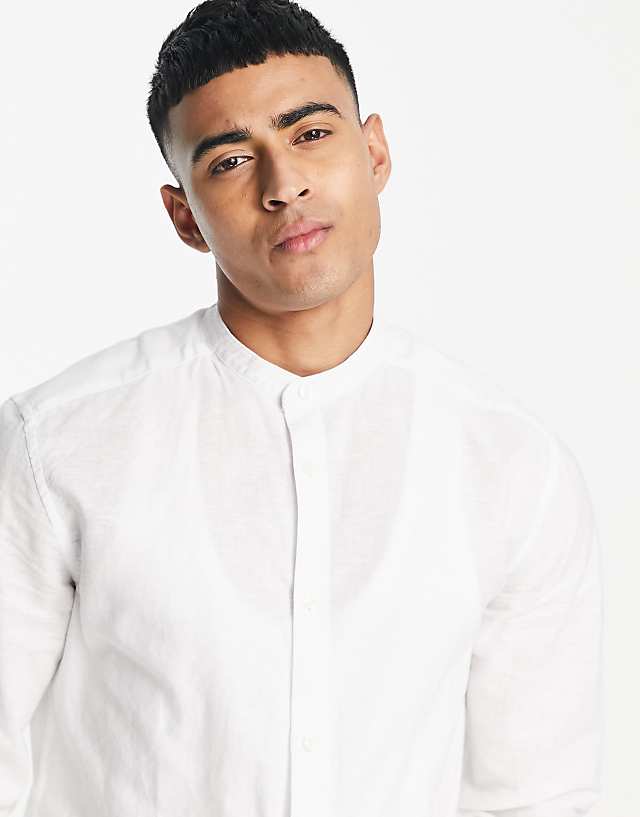 Asos ONLY & SONS Linen Mix Grandad Collar Shirt In White