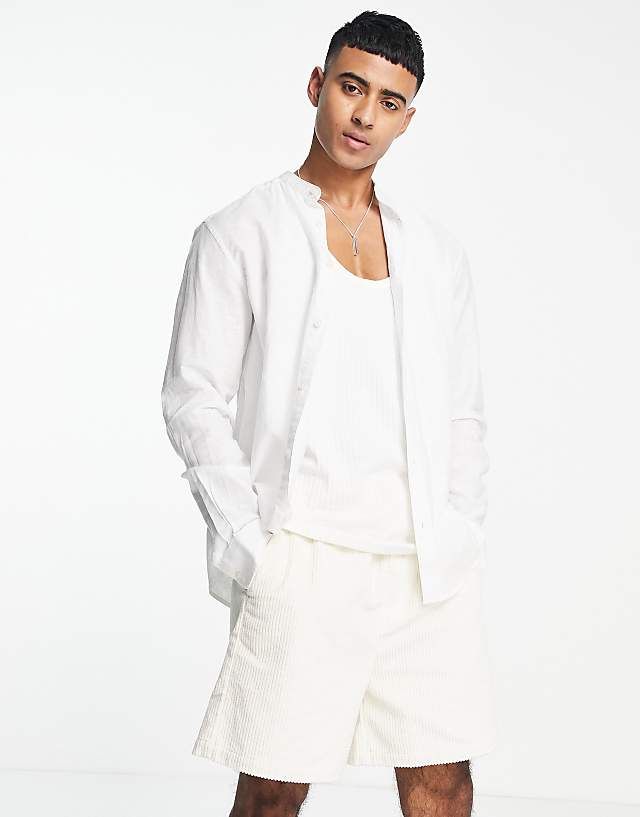 asos ONLY & SONS linen mix grandad collar shirt in white