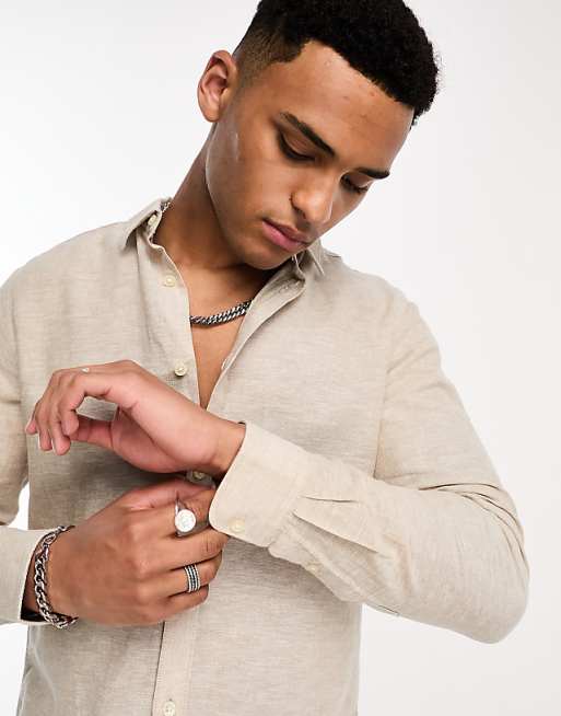 Asos ONLY & SONS Linen Mix Long Sleeve Shirt In Beige