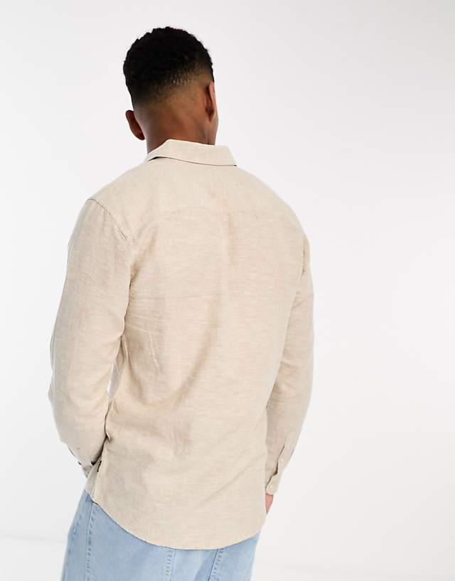 Asos ONLY & SONS Linen Mix Long Sleeve Shirt In Beige