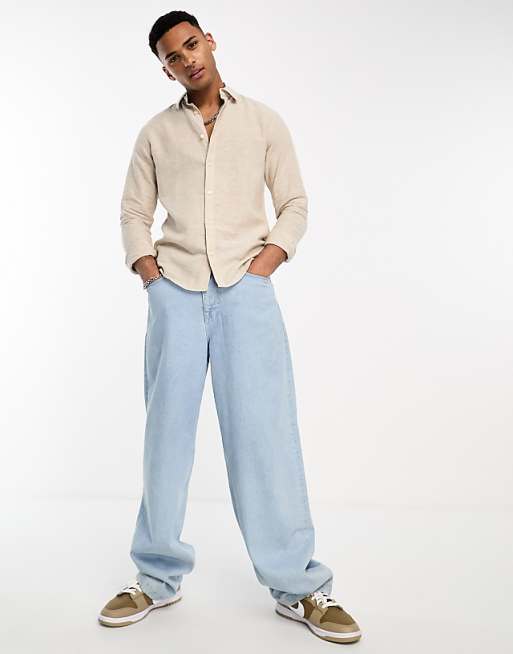 Asos ONLY & SONS Linen Mix Long Sleeve Shirt In Beige