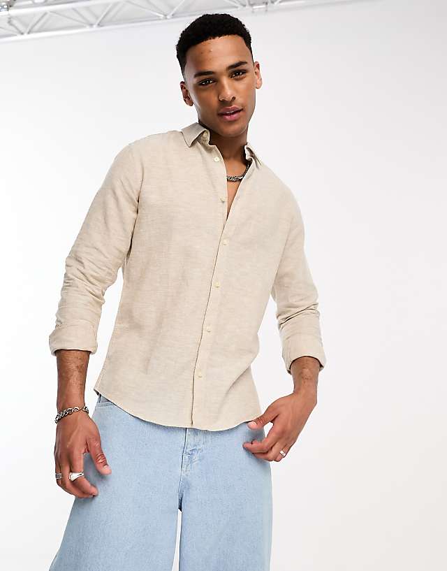 asos ONLY & SONS linen mix long sleeve shirt in beige