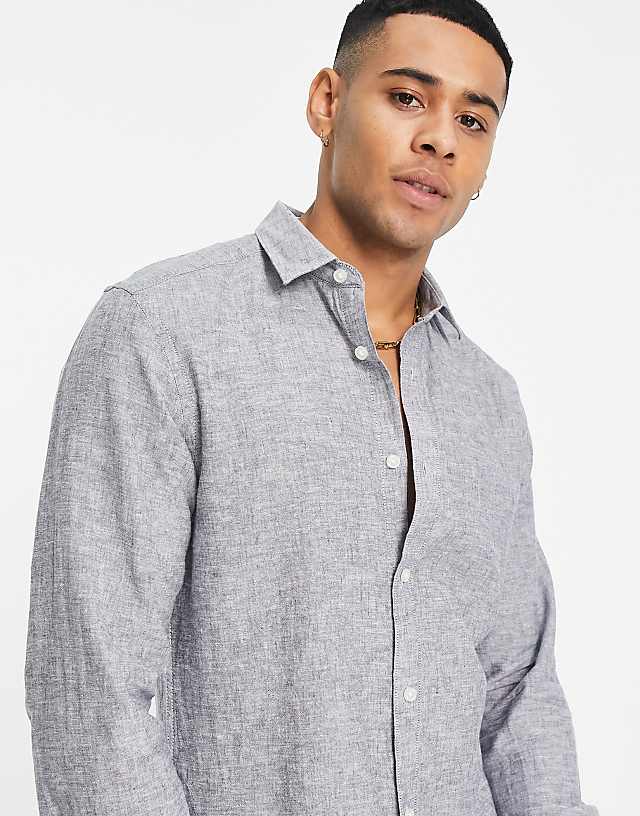 Asos ONLY & SONS Linen Mix Long Sleeve Shirt In Blue Marl