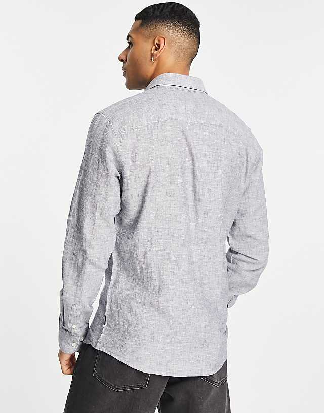 Asos ONLY & SONS Linen Mix Long Sleeve Shirt In Blue Marl