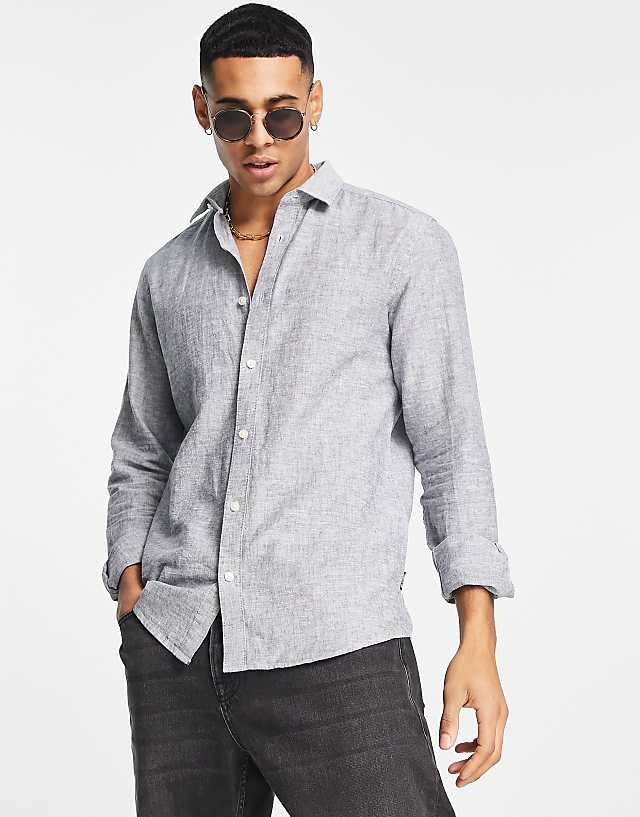 asos ONLY & SONS linen mix long sleeve shirt in blue marl