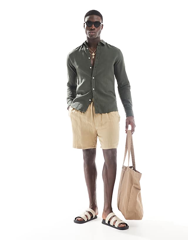 Asos ONLY & SONS Linen Mix Long Sleeve Shirt In Dark Green