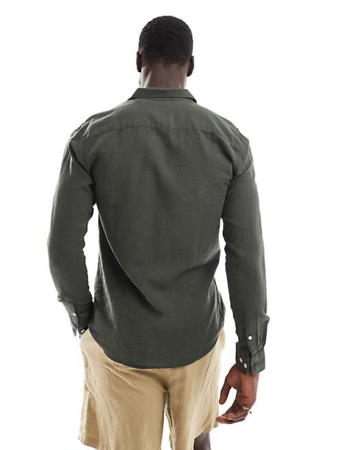 Asos ONLY & SONS Linen Mix Long Sleeve Shirt In Dark Green