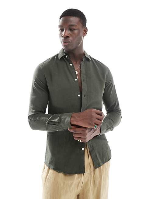 asos ONLY & SONS linen mix long sleeve shirt in dark green
