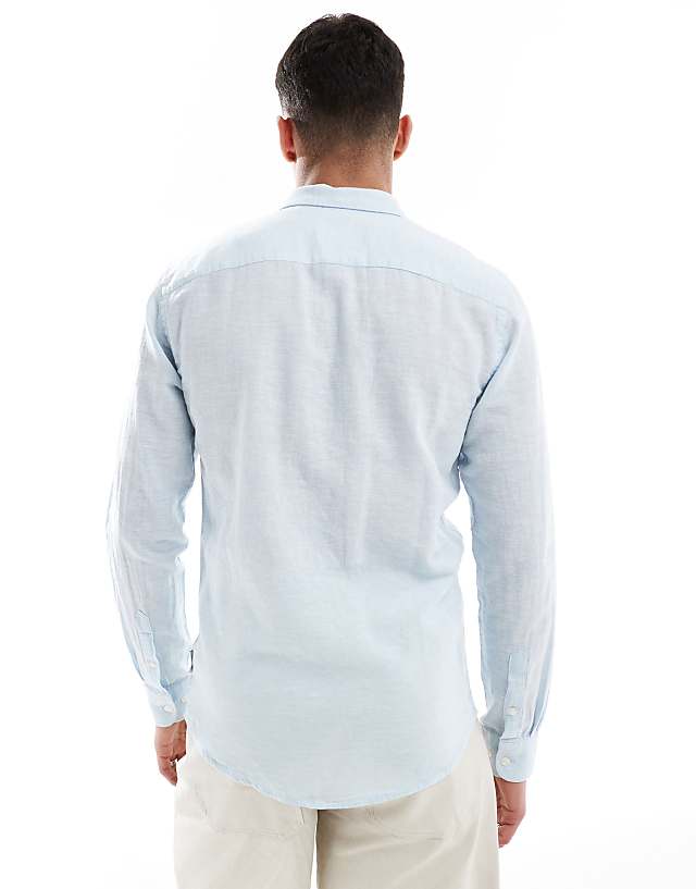 Asos ONLY & SONS Linen Mix Long Sleeve Shirt In Light Blue