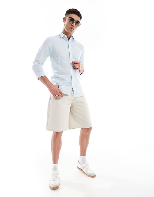 Asos ONLY & SONS Linen Mix Long Sleeve Shirt In Light Blue