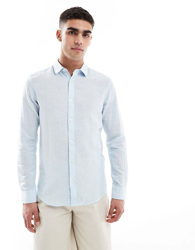 asos ONLY & SONS linen mix long sleeve shirt in light blue
