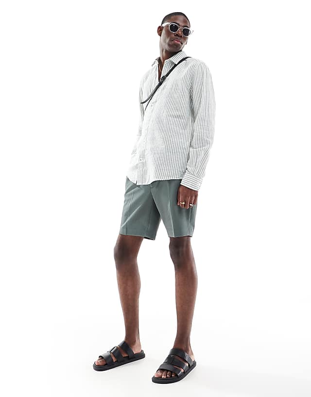 Asos ONLY & SONS Linen Mix Long Sleeve Shirt In Sage Stripe