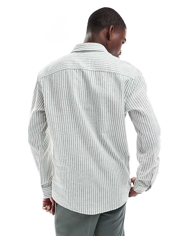 Asos ONLY & SONS Linen Mix Long Sleeve Shirt In Sage Stripe