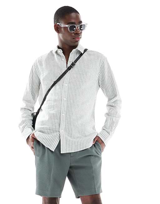 Asos ONLY & SONS Linen Mix Long Sleeve Shirt In Sage Stripe