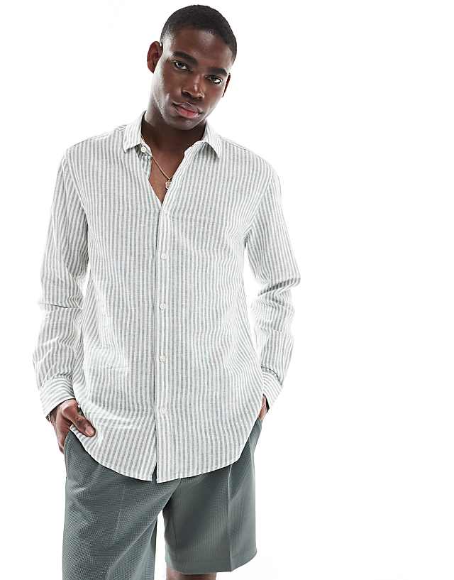 asos ONLY & SONS linen mix long sleeve shirt in sage stripe