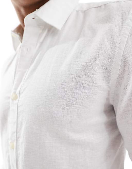 Asos ONLY & SONS Linen Mix Long Sleeve Slim Fit Shirt In White