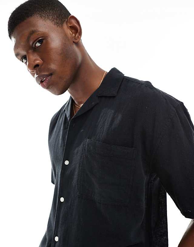Asos ONLY & SONS Linen Mix Relaxed Resort Shirt In Black