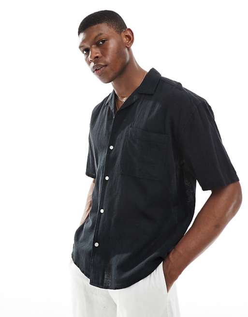 asos ONLY & SONS linen mix relaxed resort shirt in black