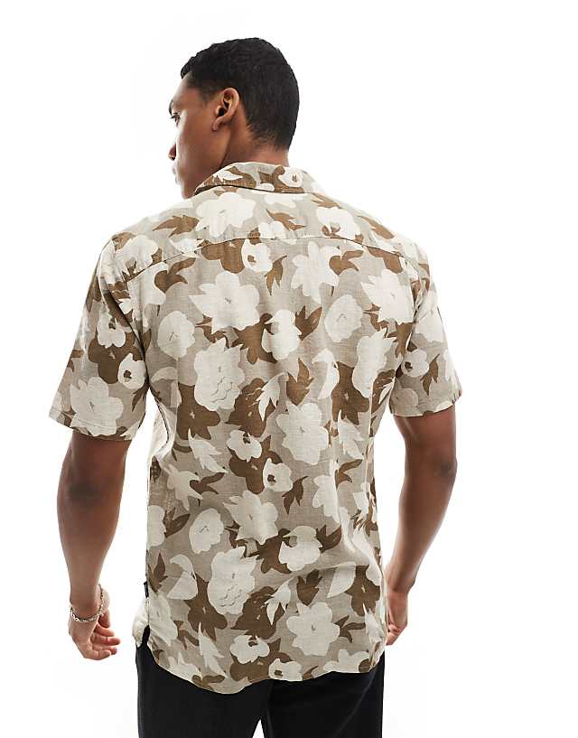 Asos ONLY & SONS Linen Mix Revere Collar Floral Shirt In Beige