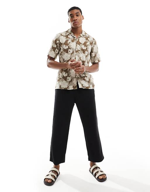 Asos ONLY & SONS Linen Mix Revere Collar Floral Shirt In Beige