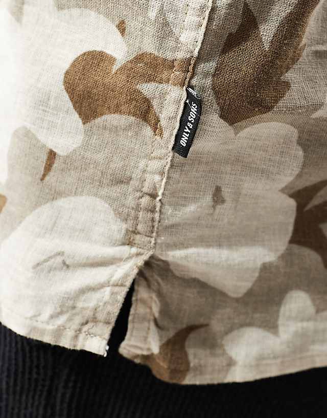 Asos ONLY & SONS Linen Mix Revere Collar Floral Shirt In Beige