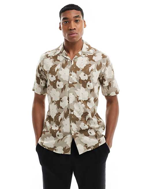 asos ONLY & SONS linen mix revere collar floral shirt in beige
