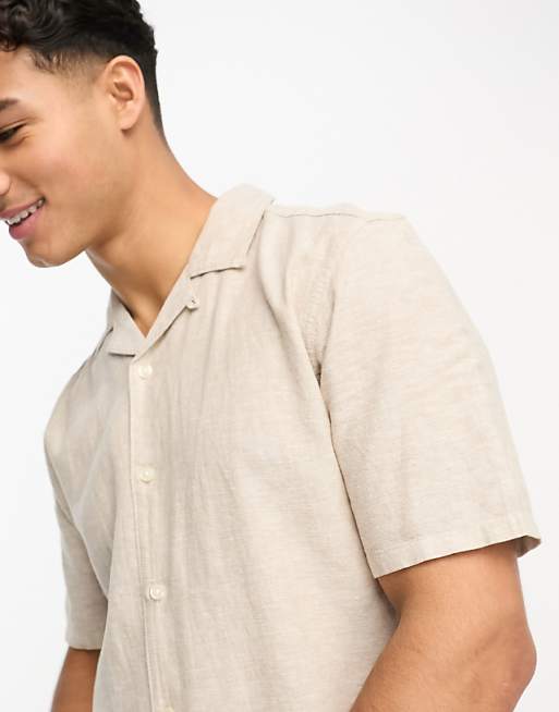 Asos ONLY & SONS Linen Mix Revere Collar Shirt In Beige