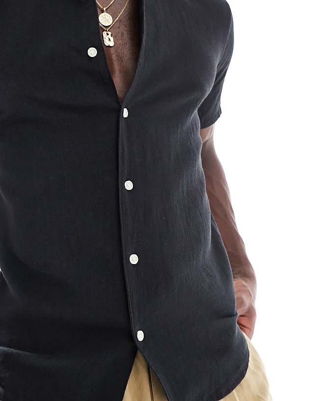 Asos ONLY & SONS Linen Mix Revere Collar Shirt In Black