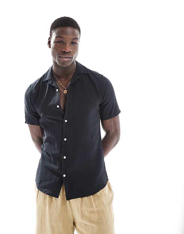 asos ONLY & SONS linen mix revere collar shirt in black
