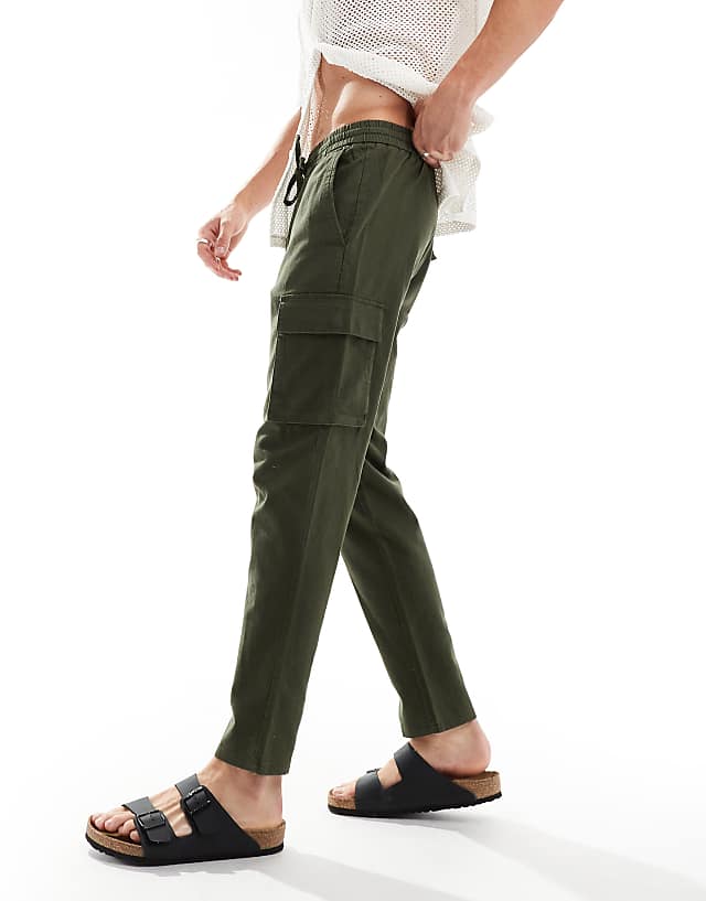 Asos ONLY & SONS Linen Mix Tapered Fit Cargo In Khaki