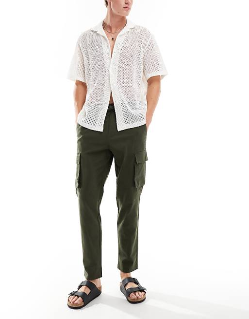 asos ONLY & SONS linen mix tapered fit cargo in khaki