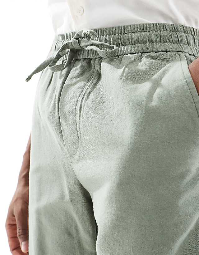 Asos ONLY & SONS Linen Mix Tie Waist Shorts Dark Sage