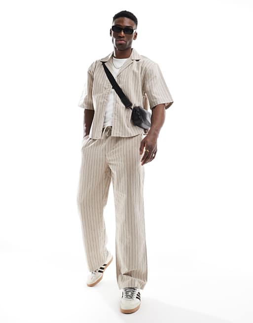 asos ONLY & SONS loose linen fit co-ord in beige pinstripe