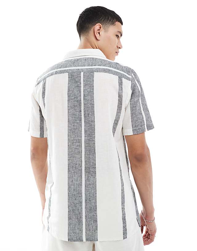 Asos ONLY & SONS Revere Collar Linen Mix Shirt In Navy Stripe