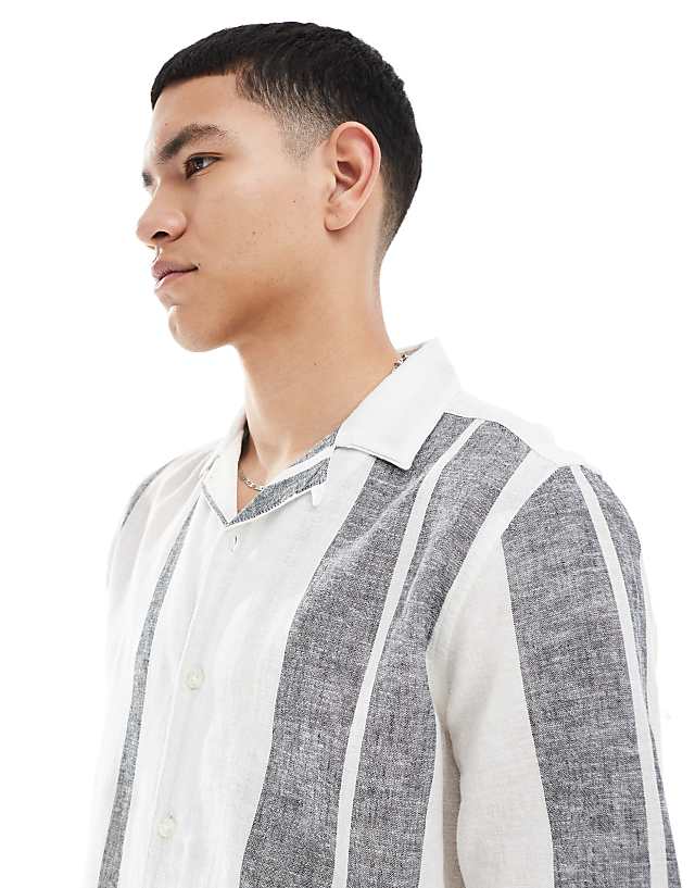 Asos ONLY & SONS Revere Collar Linen Mix Shirt In Navy Stripe