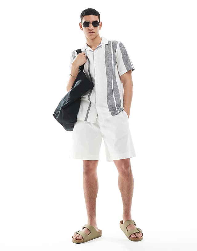 Asos ONLY & SONS Revere Collar Linen Mix Shirt In Navy Stripe