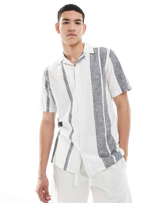 asos ONLY & SONS revere collar linen mix shirt in navy stripe