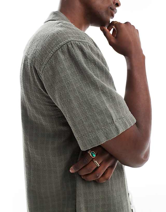 Asos ONLY & SONS Short Sleeve Linen Textured Shirt In Khaki