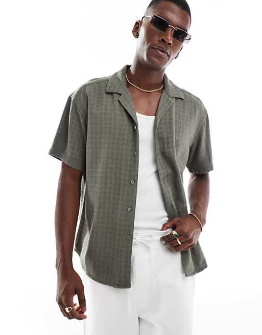 asos ONLY & SONS short sleeve linen textured shirt in khaki